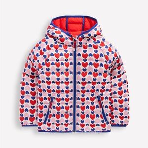 Mini Boden Pack-away Padded Jacket Poppy Red Geo Heart size 12-13Y